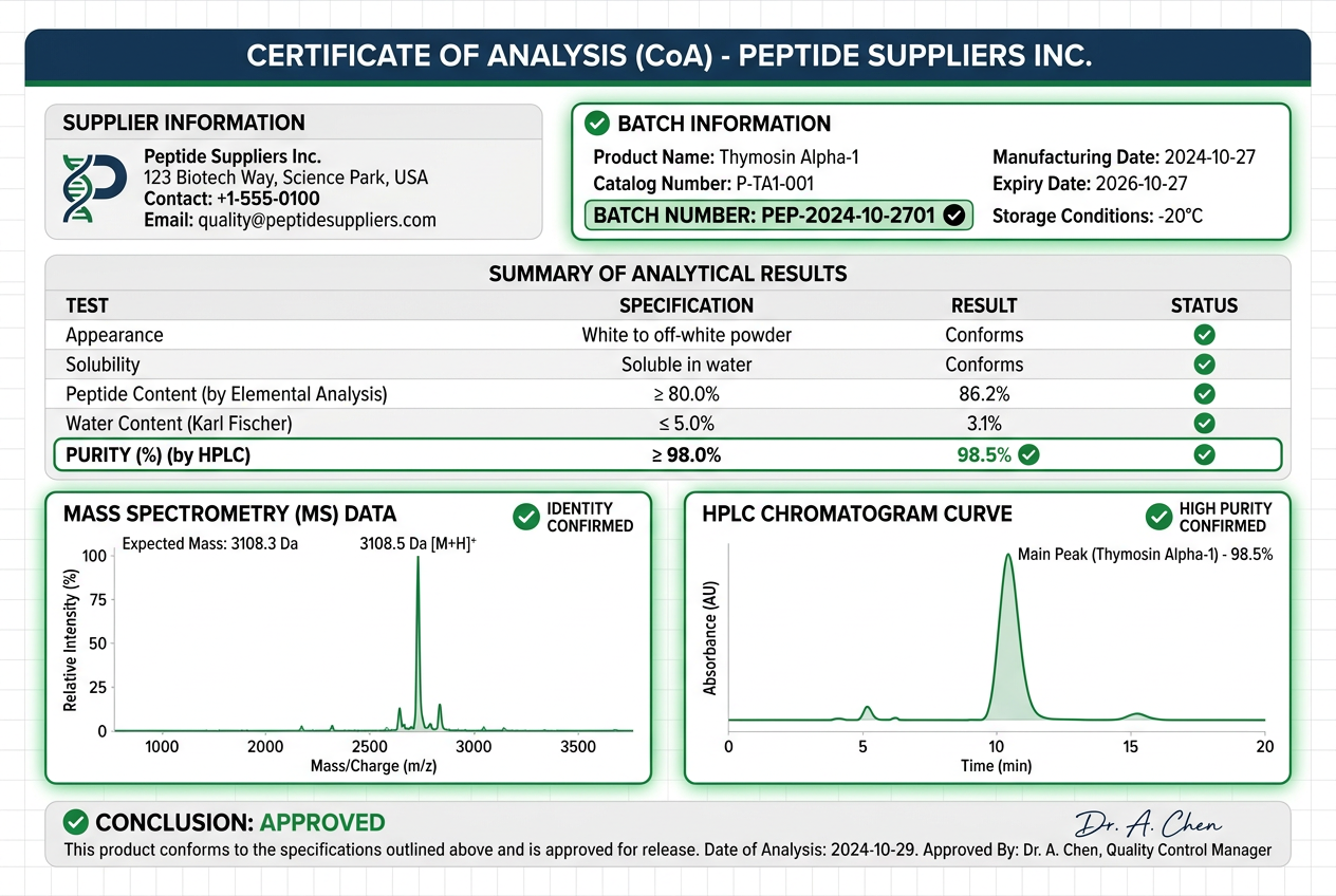 Infographic showing a sample peptide CoA with purity and testing data for suppliers in the usa