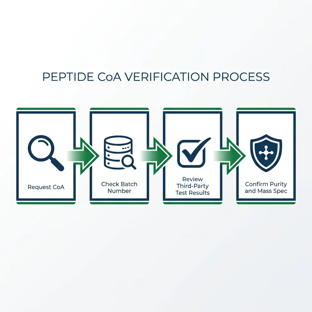 Flowchart showing four steps to verify a peptide certificate of analysis for research buyers