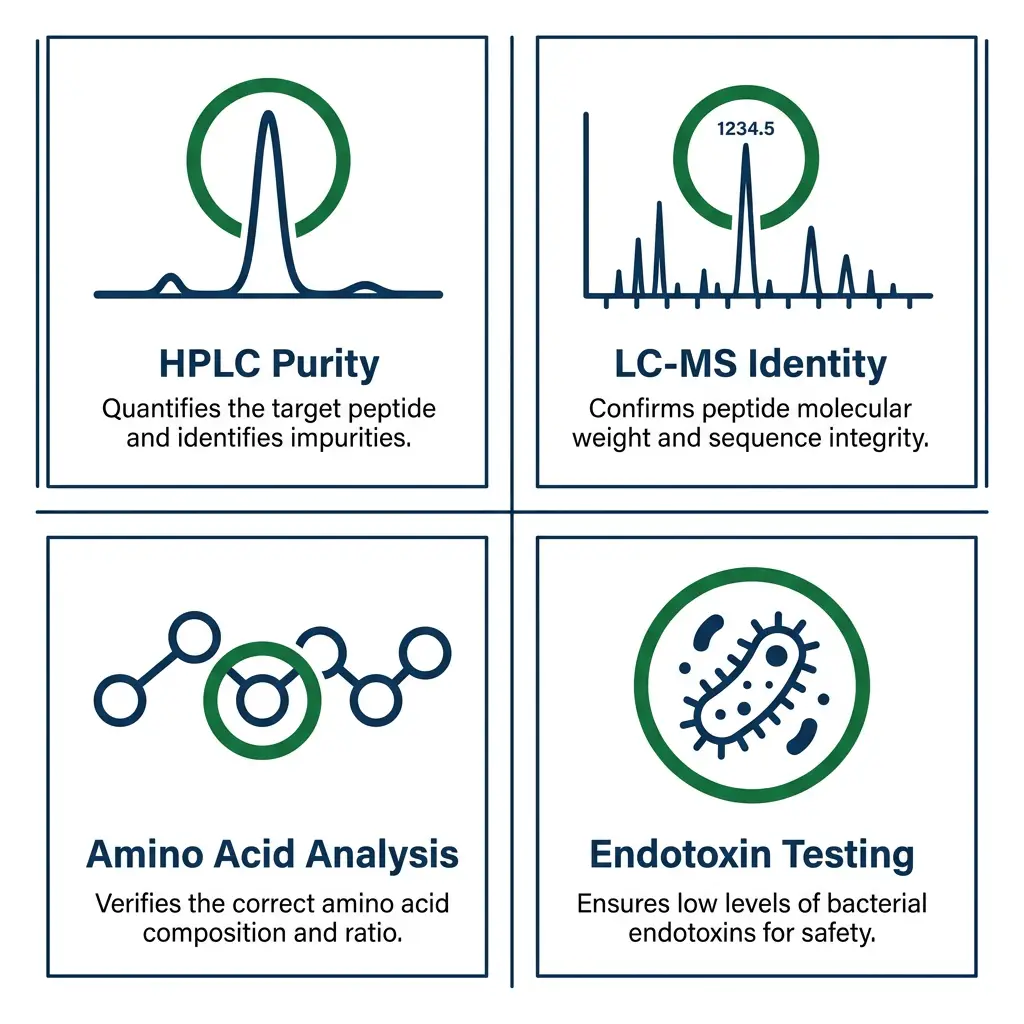 Grid infographic of four quality tests for peptide suppliers including HPLC and endotoxin testing
