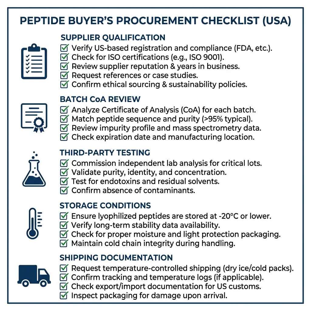 Checklist infographic for peptide procurement with five key verification categories