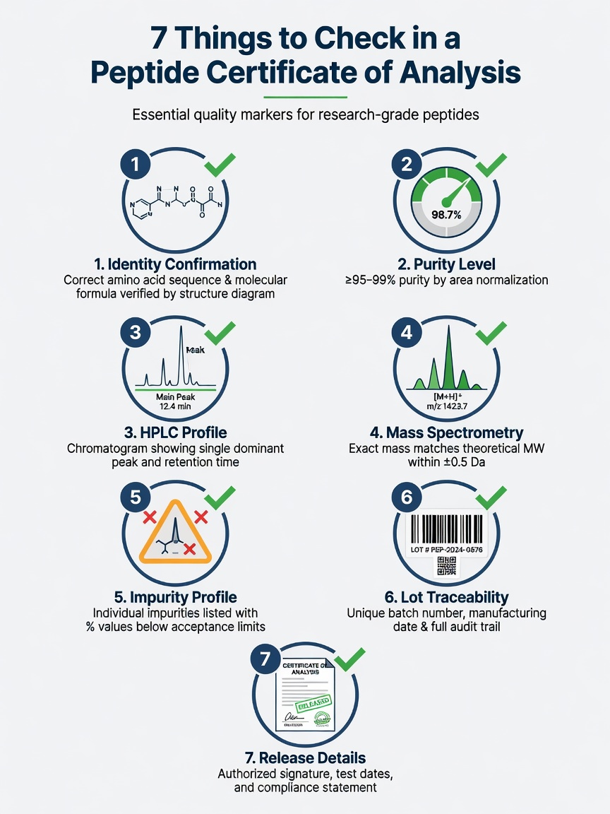 Infographic showing the seven key checks on a peptide certificate of analysis, including identity, purity, HPLC, MS, impurities, and lot traceability.