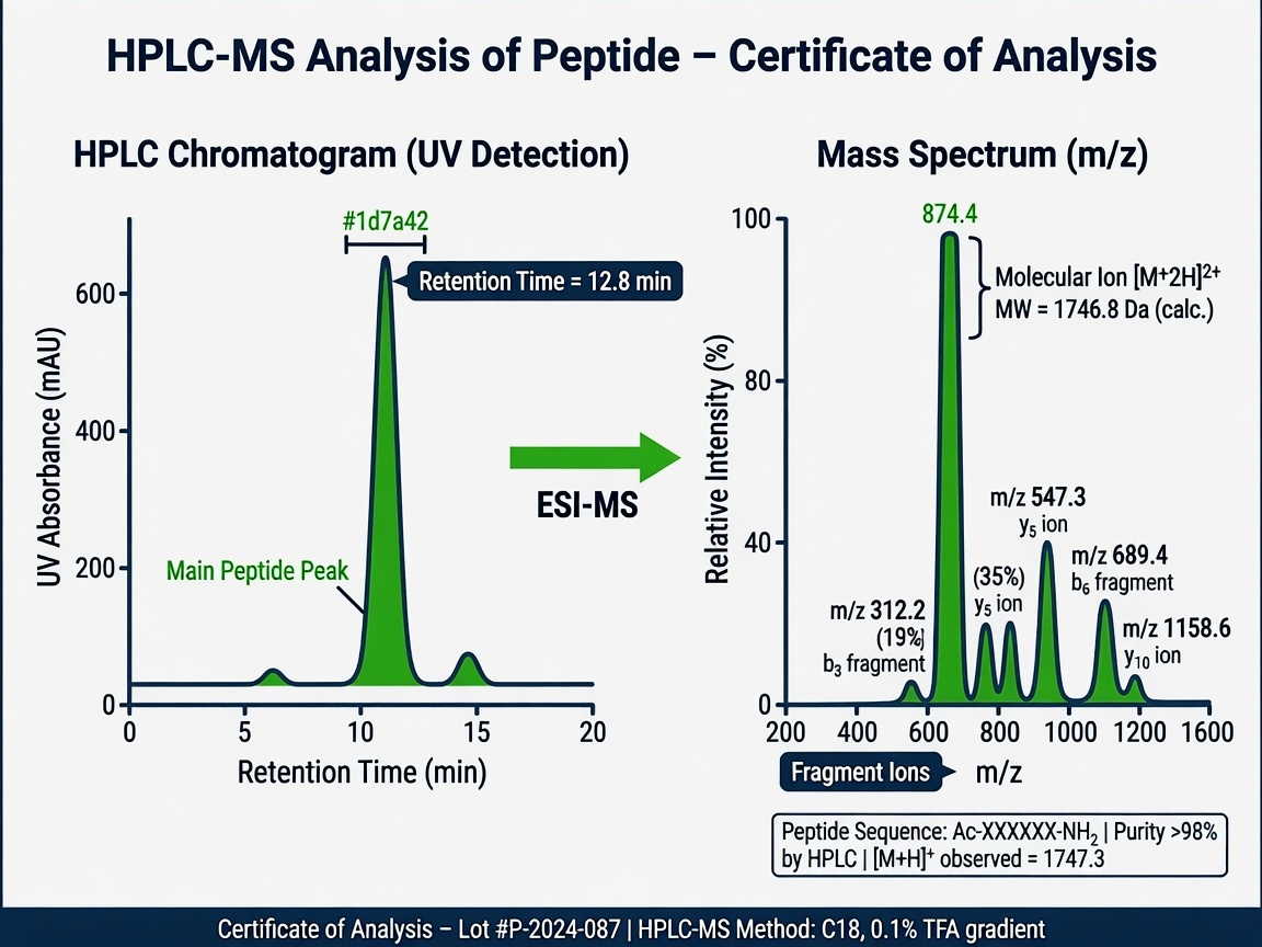 Diagram showing HPLC chromatogram linked to mass spectrum for peptide analysis, with labels for retention time and m/z peaks.