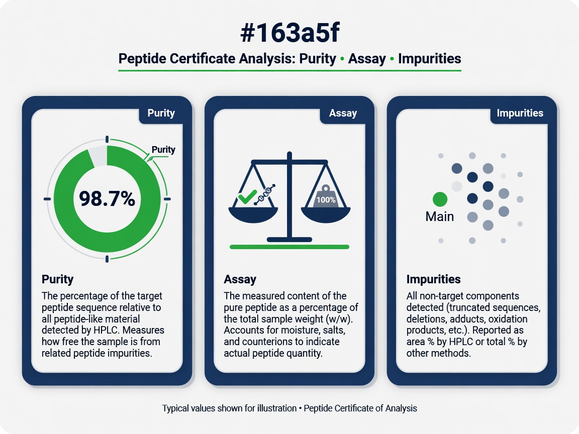 Infographic distinguishing purity, assay, and impurities on a certificate of analysis with simple icons and labels.