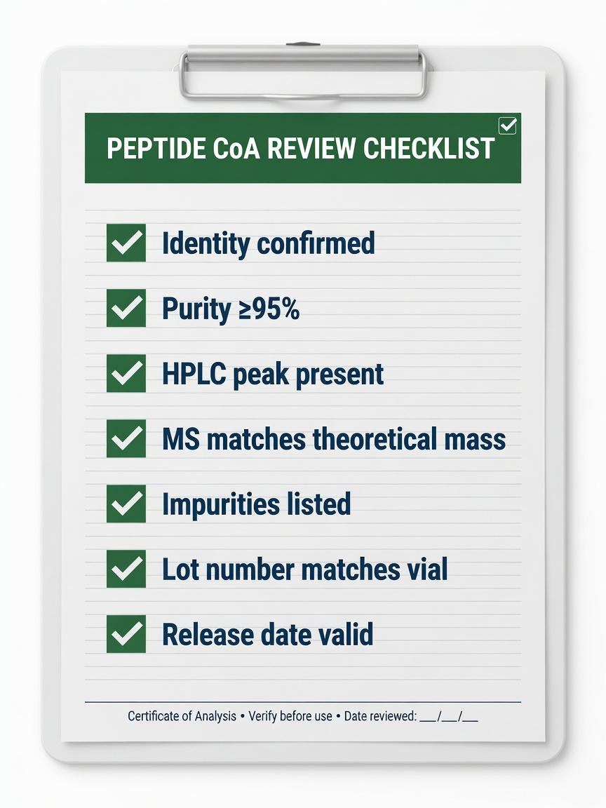 Checklist infographic for verifying a peptide certificate of analysis, with seven checked items in navy and green.