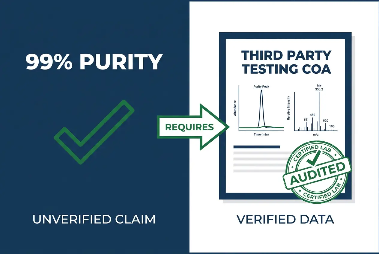 Infographic comparing an unverified purity claim to a verified third party testing certificate of analysis with chromatogram and mass spectrum.