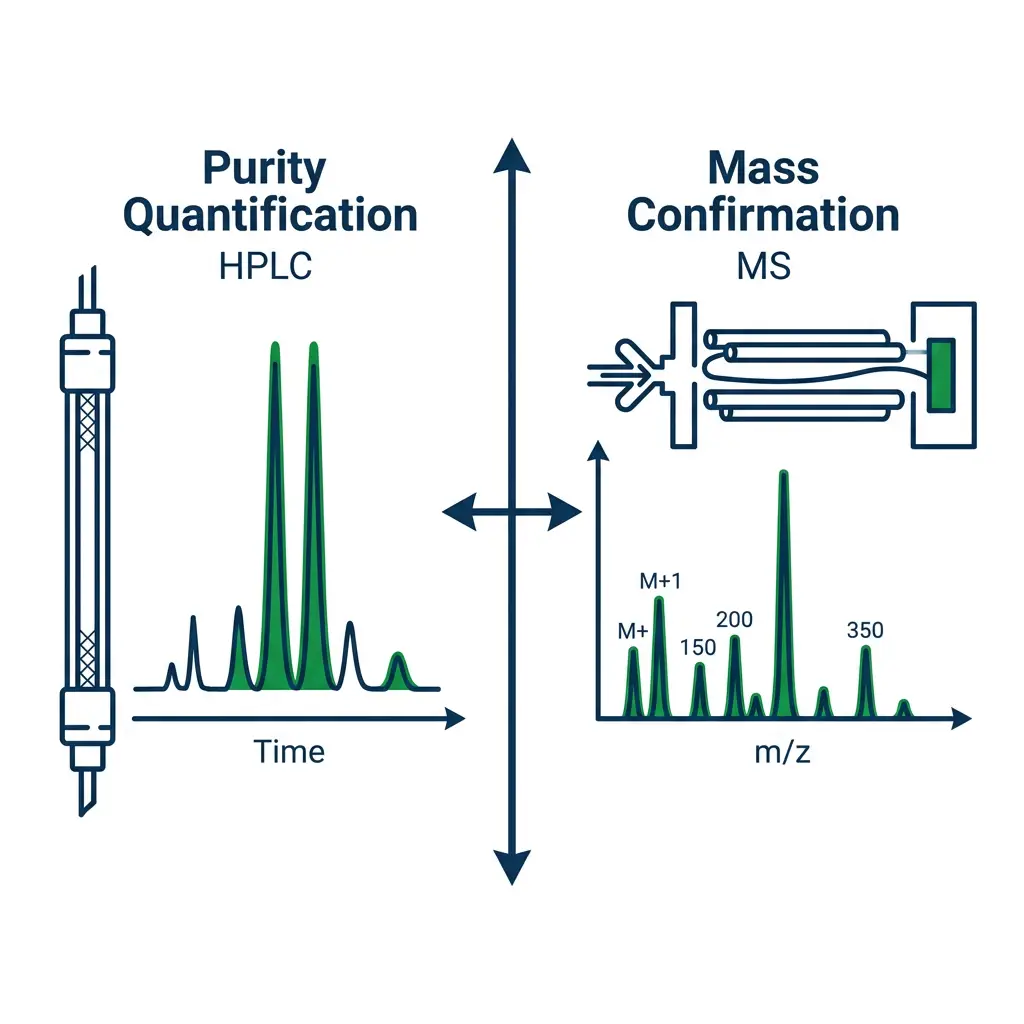 Comparison diagram of HPLC and mass spectrometry techniques for peptide testing, showing chromatogram and mass spectrum.