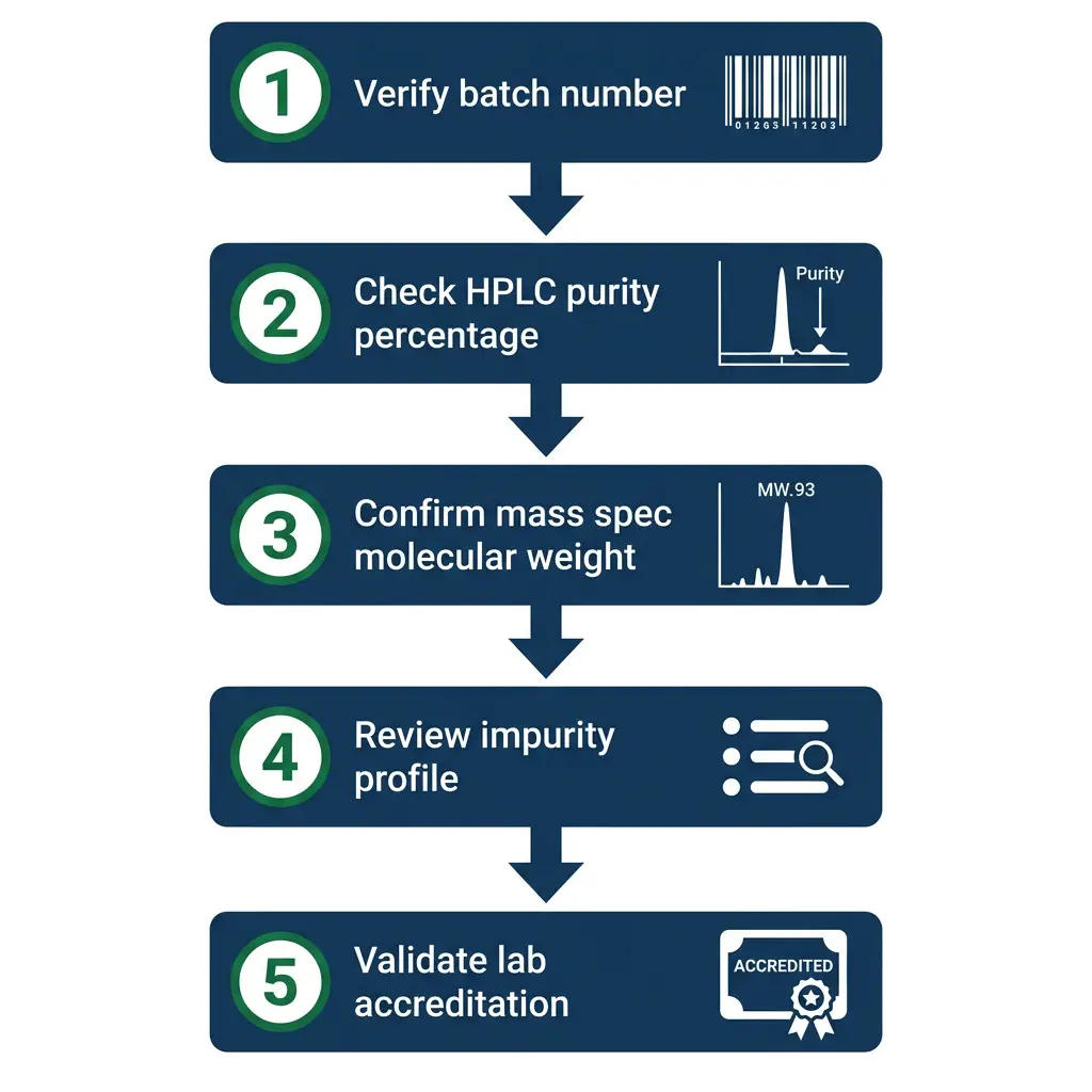 Step-by-step flowchart for reviewing a peptide certificate of analysis, showing five key verification steps.