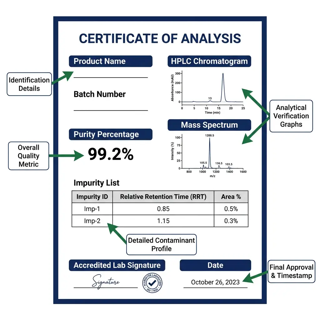 Annotated diagram of a peptide certificate of analysis showing required fields including HPLC, mass spec, purity, and lab signature.