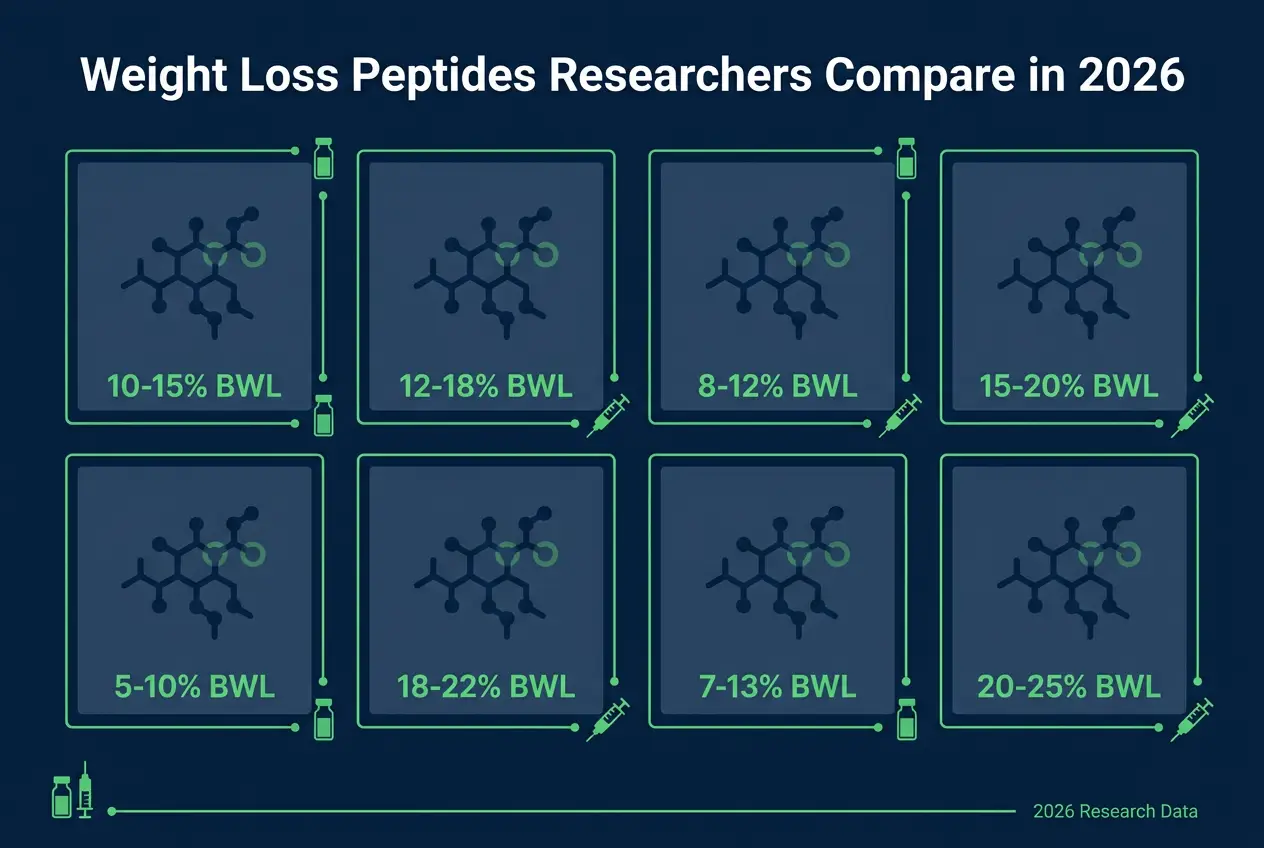 Infographic summarizing weight loss peptides compared by researchers in 2026