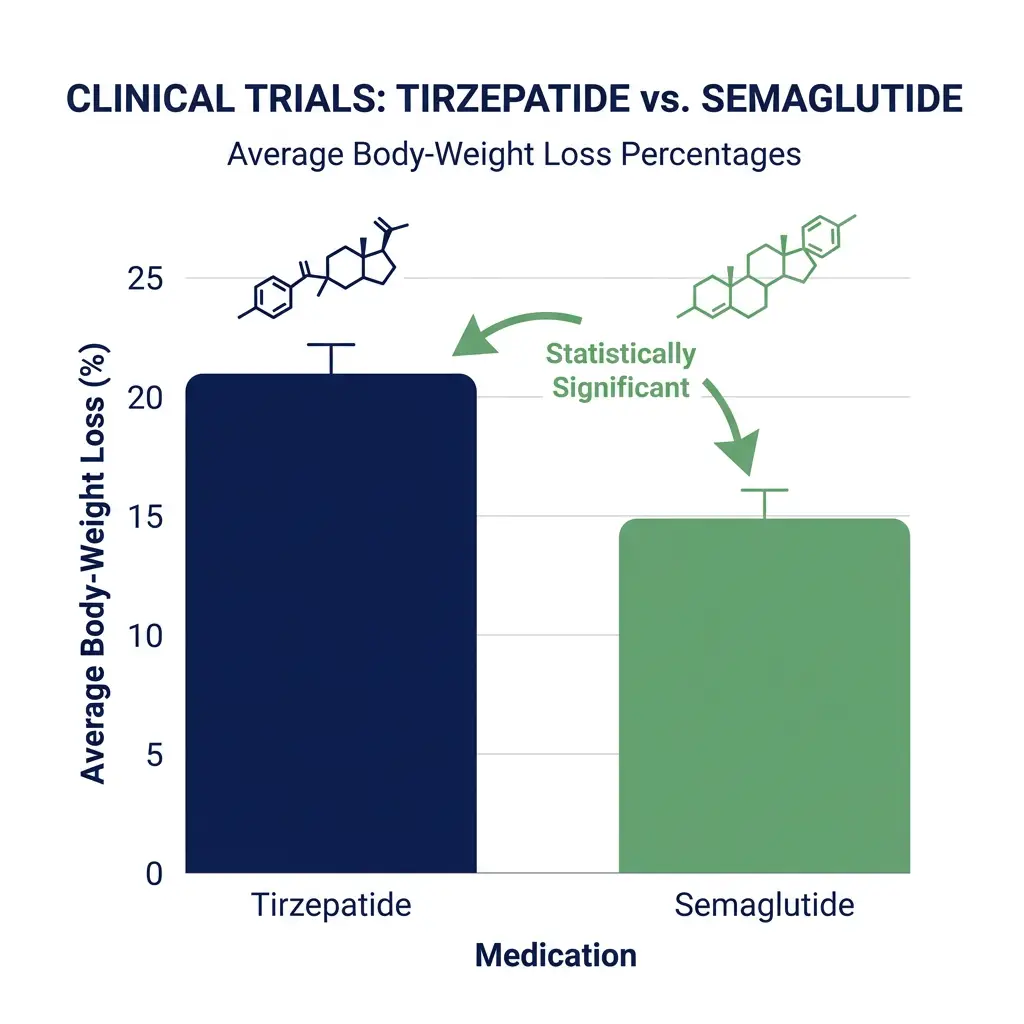 Bar chart comparing tirzepatide and semaglutide weight loss efficacy in research trials
