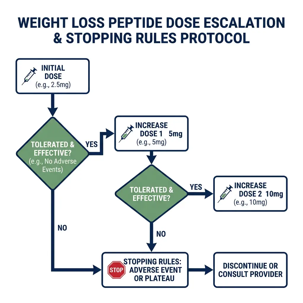 Flowchart of dose escalation and stopping rules for weight loss peptide research