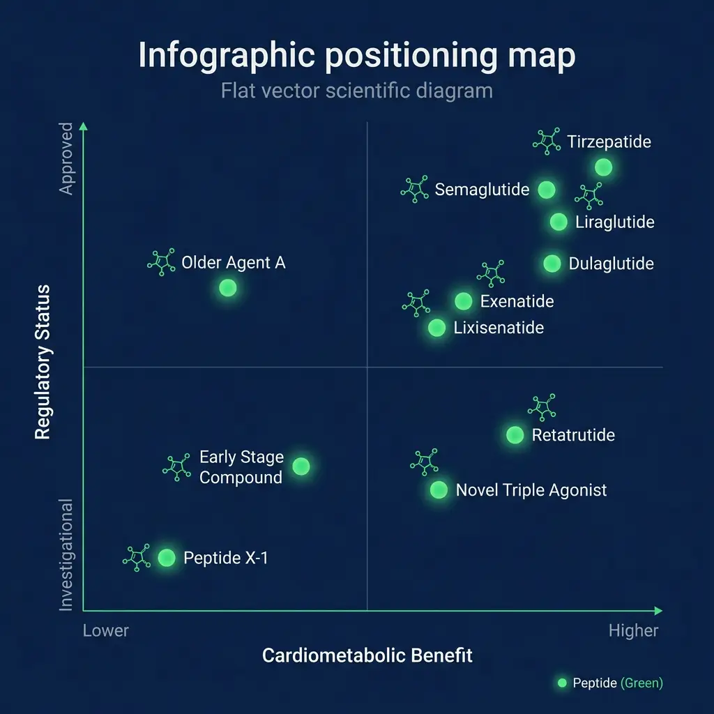 Scatter plot positioning weight loss peptides by cardiometabolic and regulatory attributes