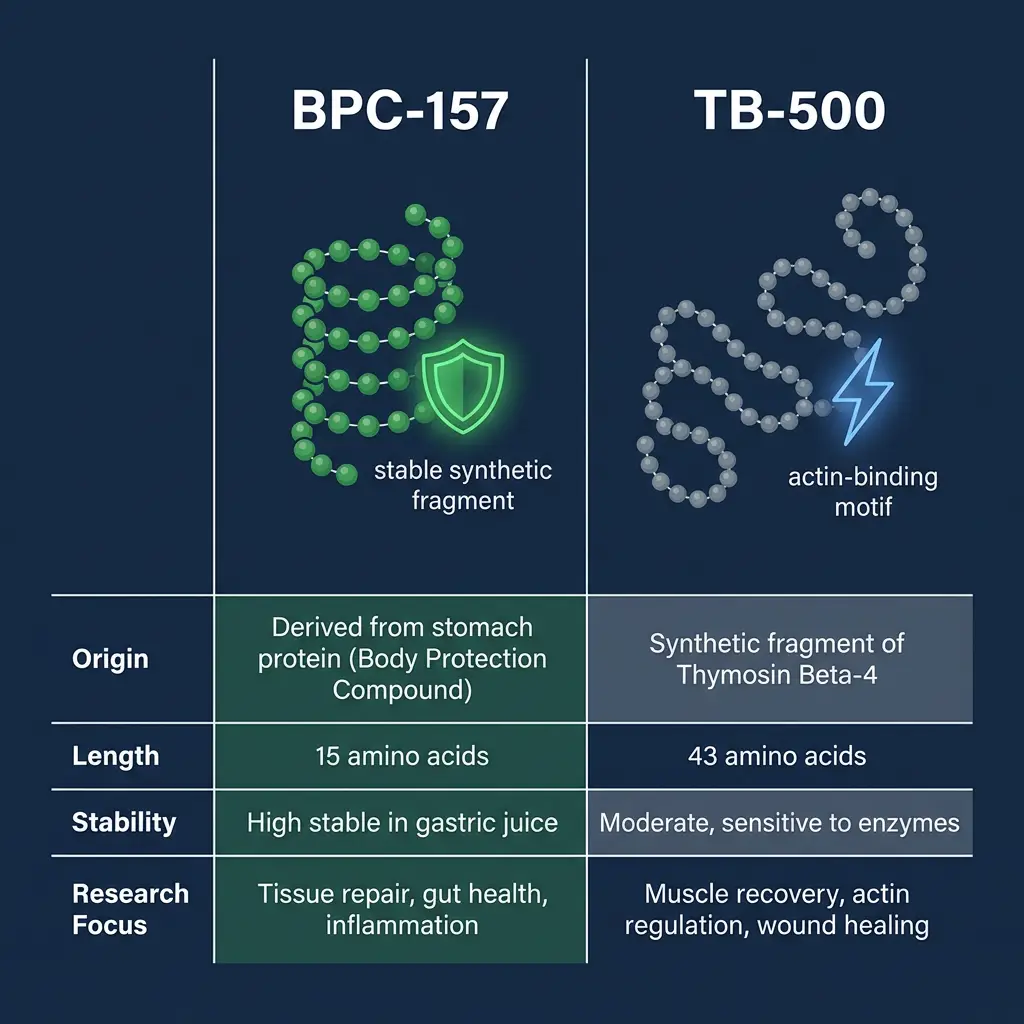 BPC-157 and TB-500 peptide comparison infographic with molecular chains