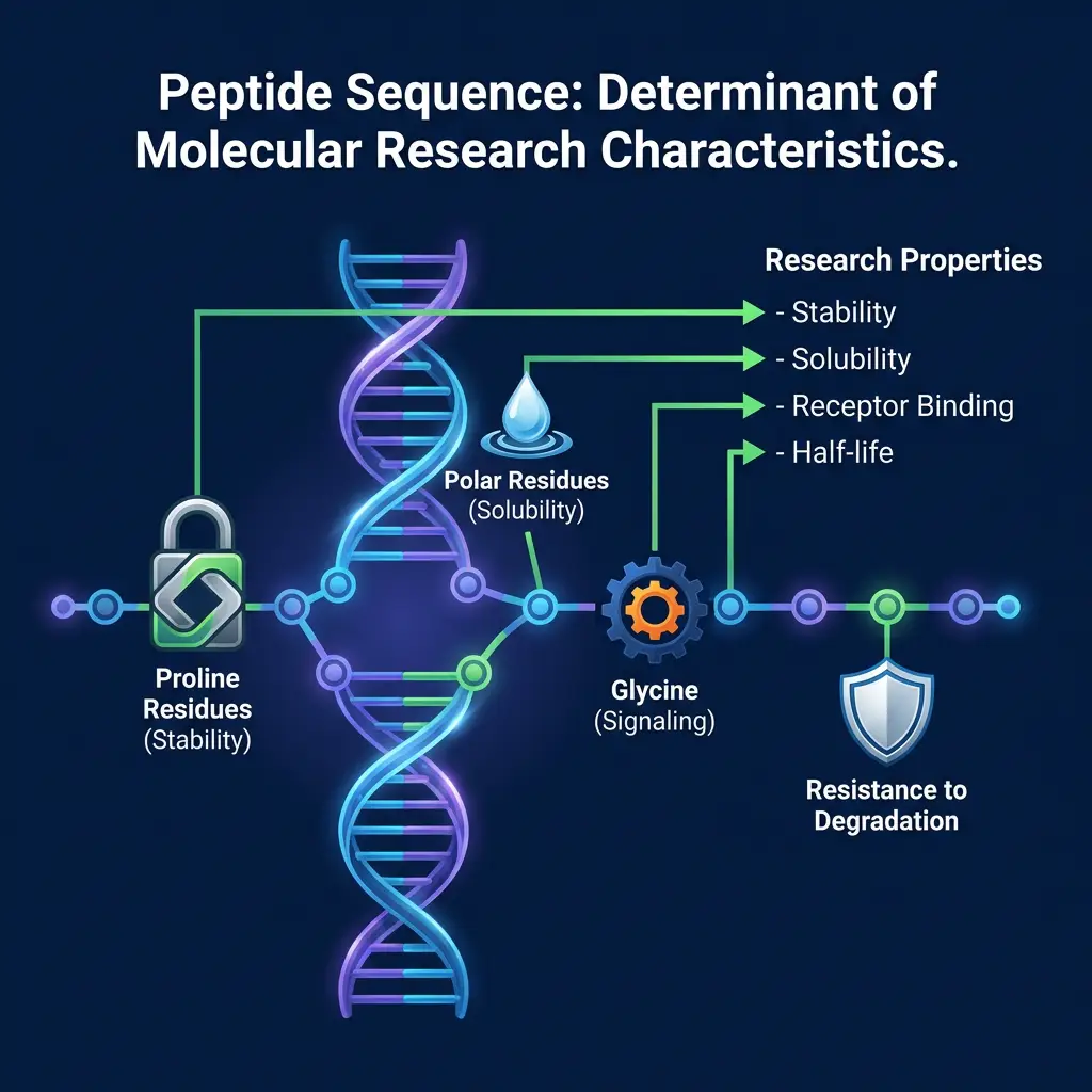 Peptide sequence to molecular properties infographic with stability and solubility icons