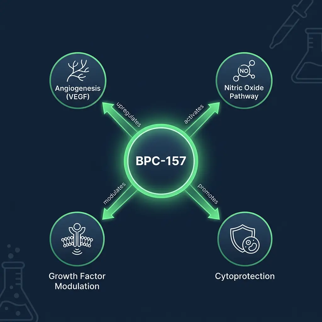 BPC-157 molecular pathway diagram with angiogenesis and nitric oxide nodes