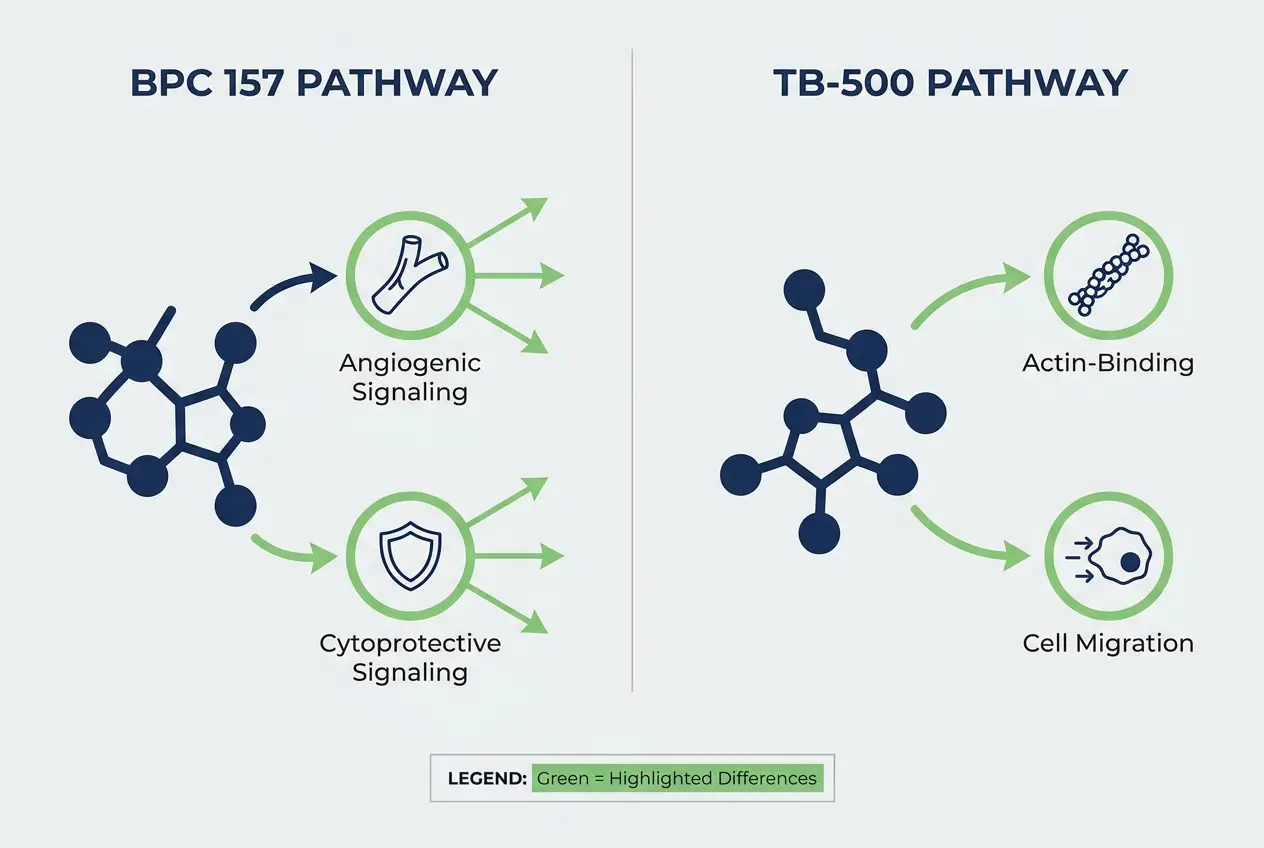 Infographic comparing bpc 157 and TB-500 molecular pathway differences with labeled nodes and green accents.
