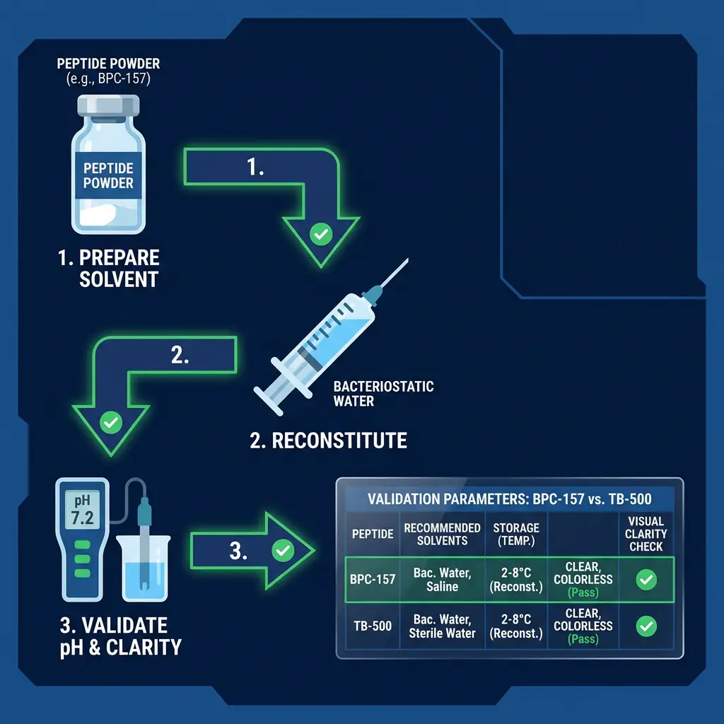 Step-by-step reconstitution validation workflow for bpc 157 and TB-500 with solvent and storage data table.