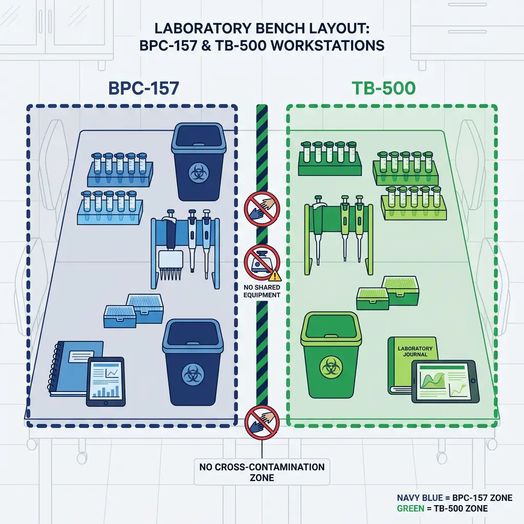Laboratory bench layout showing separate color-coded workstations to prevent cross-contamination between bpc 157 and TB-500.