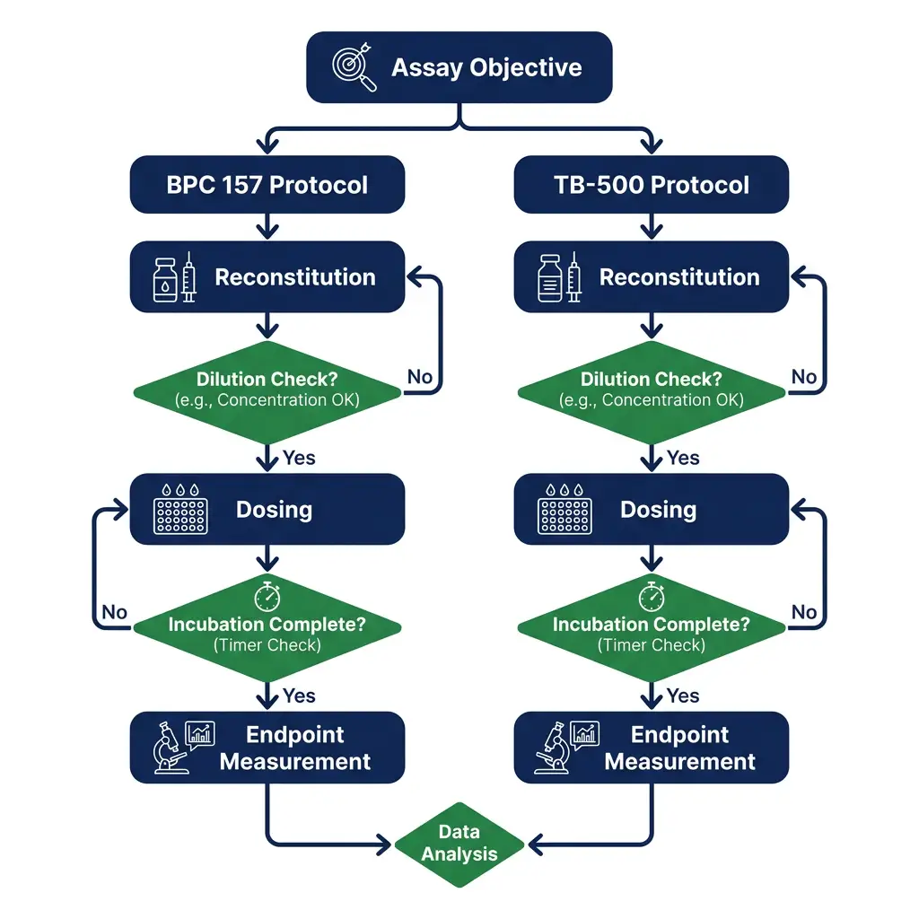 Flowchart protocol structure for comparing bpc 157 and TB-500 assays with parallel tracks and decision points.