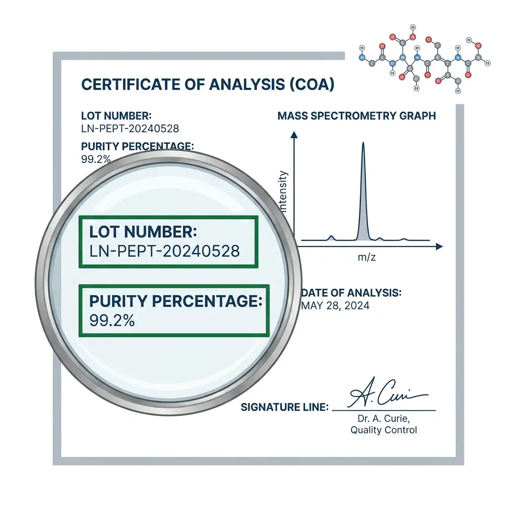 Magnified certificate of analysis showing lot number and purity for peptide verification