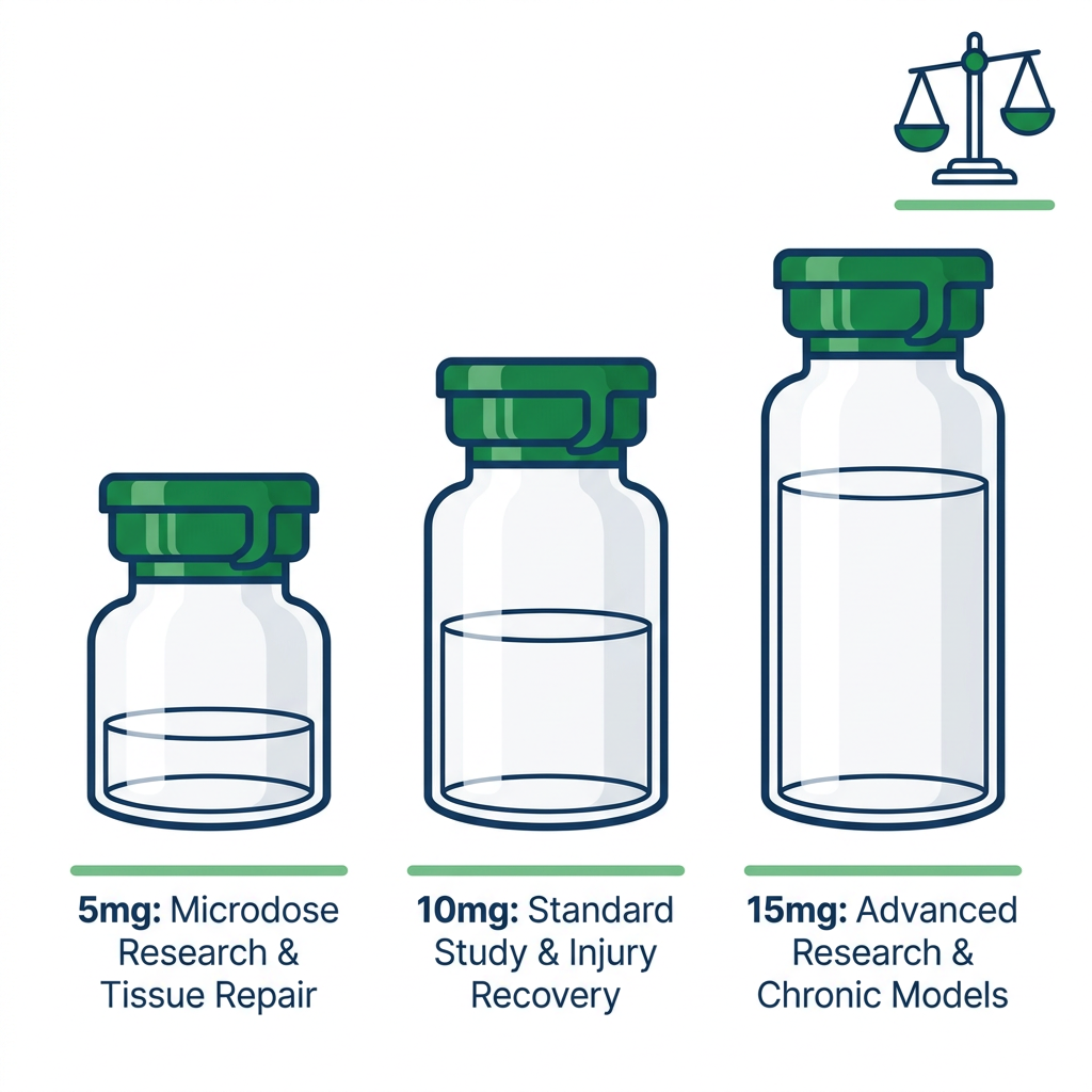 Three vials of BPC-157 peptide in 5mg, 10mg, and 15mg sizes for research comparison
