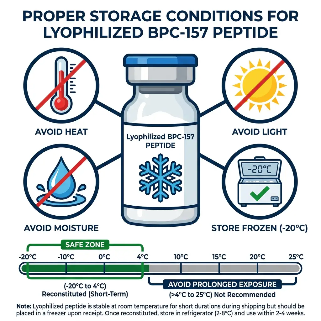 Storage condition infographic for BPC-157 peptide with temperature and environmental warnings