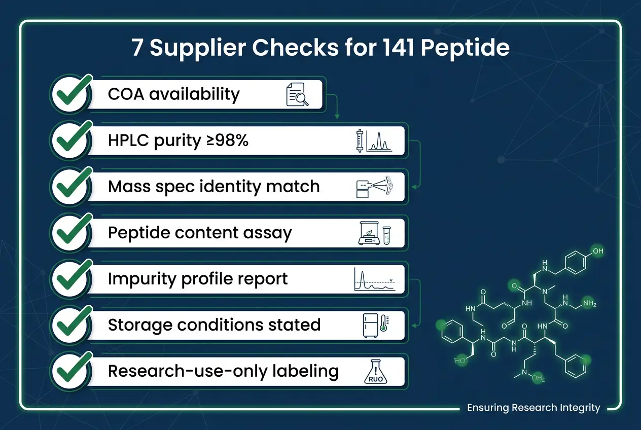 Checklist of 7 supplier checks for 141 peptide procurement in research labs