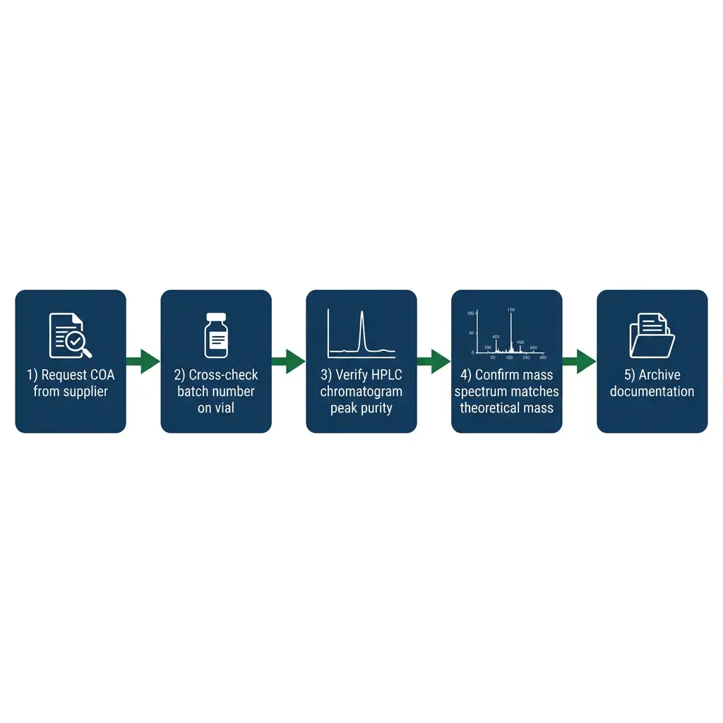 Flowchart showing five steps to verify a 141 peptide Certificate of Analysis