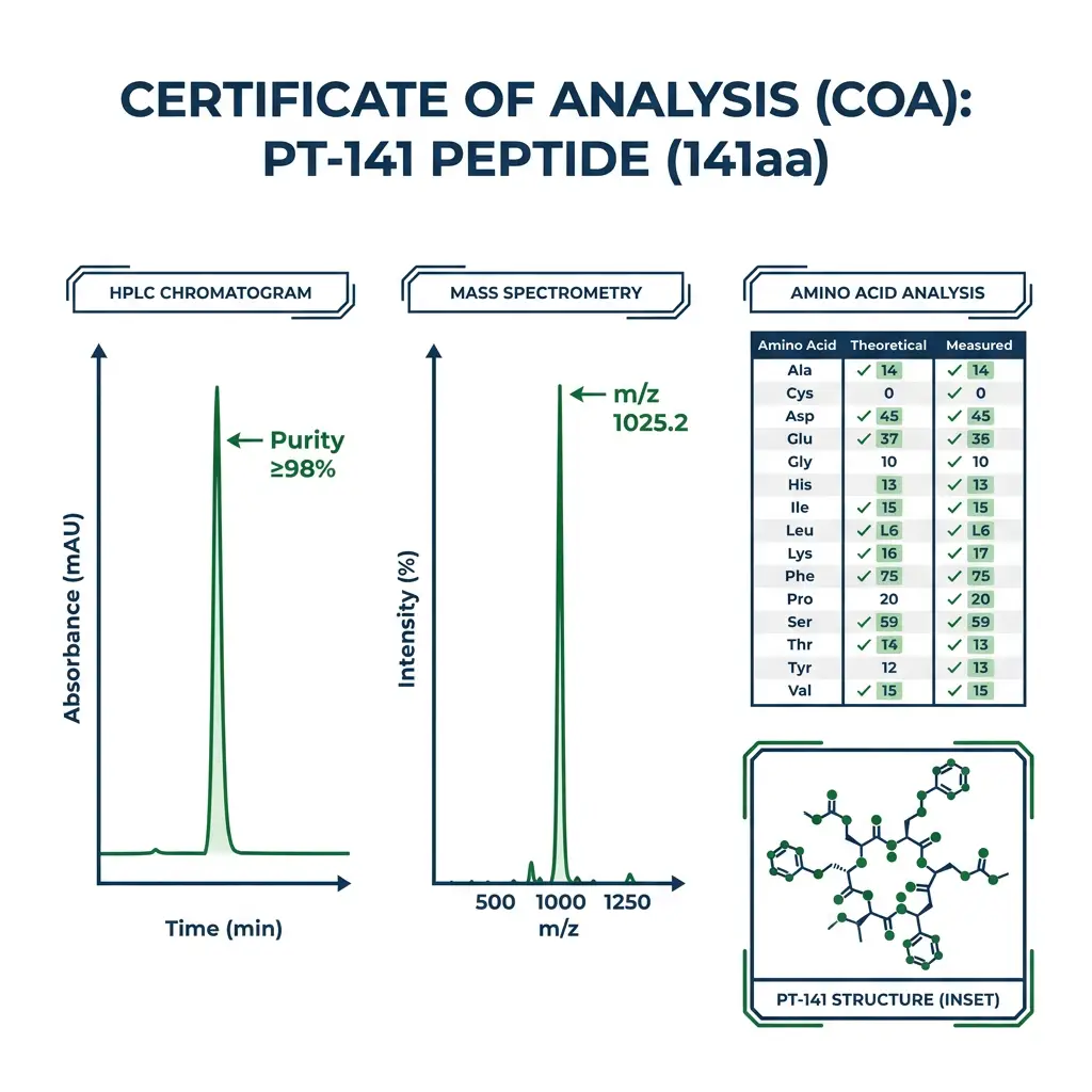 Infographic showing HPLC chromatogram, mass spectrum, and amino acid analysis for 141 peptide COA