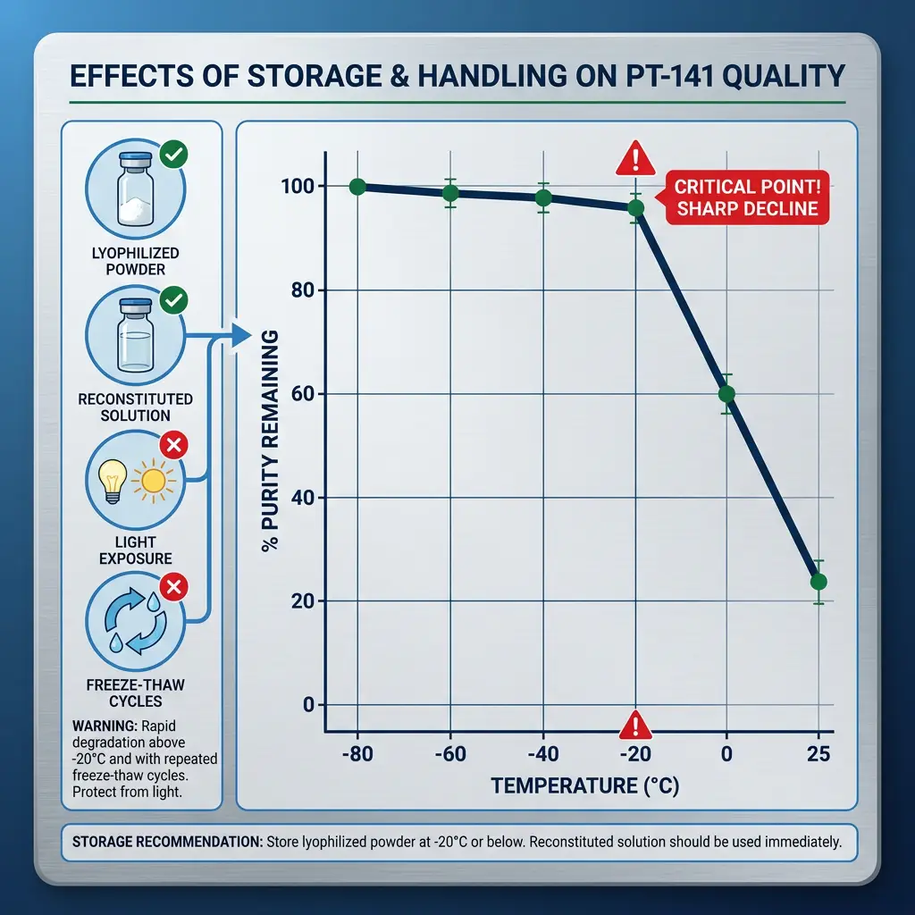 Temperature stability graph showing PT-141 purity decline with improper storage conditions