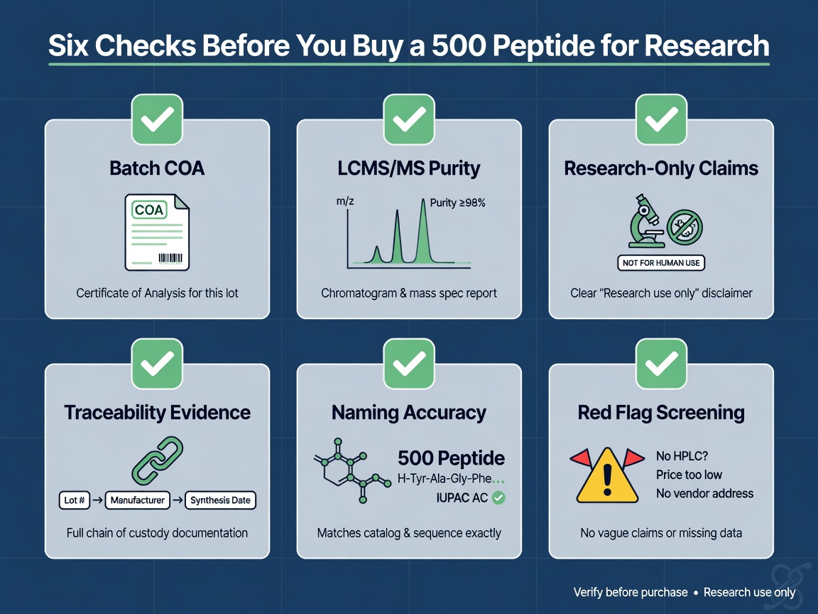 Checklist infographic showing six verification steps for 500 peptide procurement in research