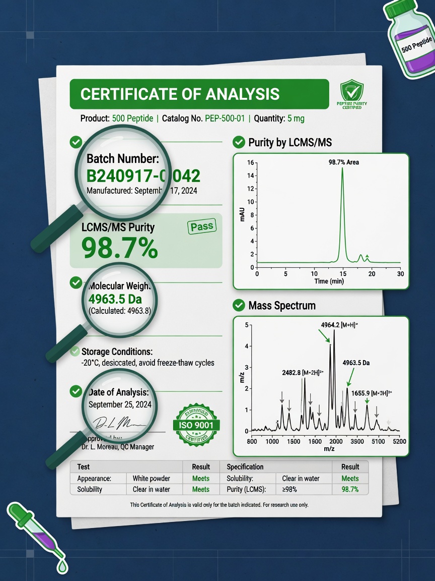 Certificate of Analysis document infographic with highlighted data fields for 500 peptide verification
