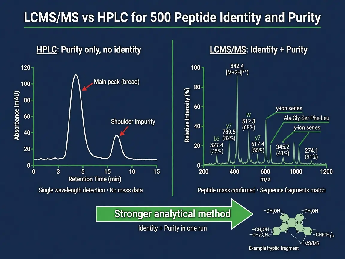 Comparison infographic of HPLC and LCMS/MS analytical methods for 500 peptide purity and identity