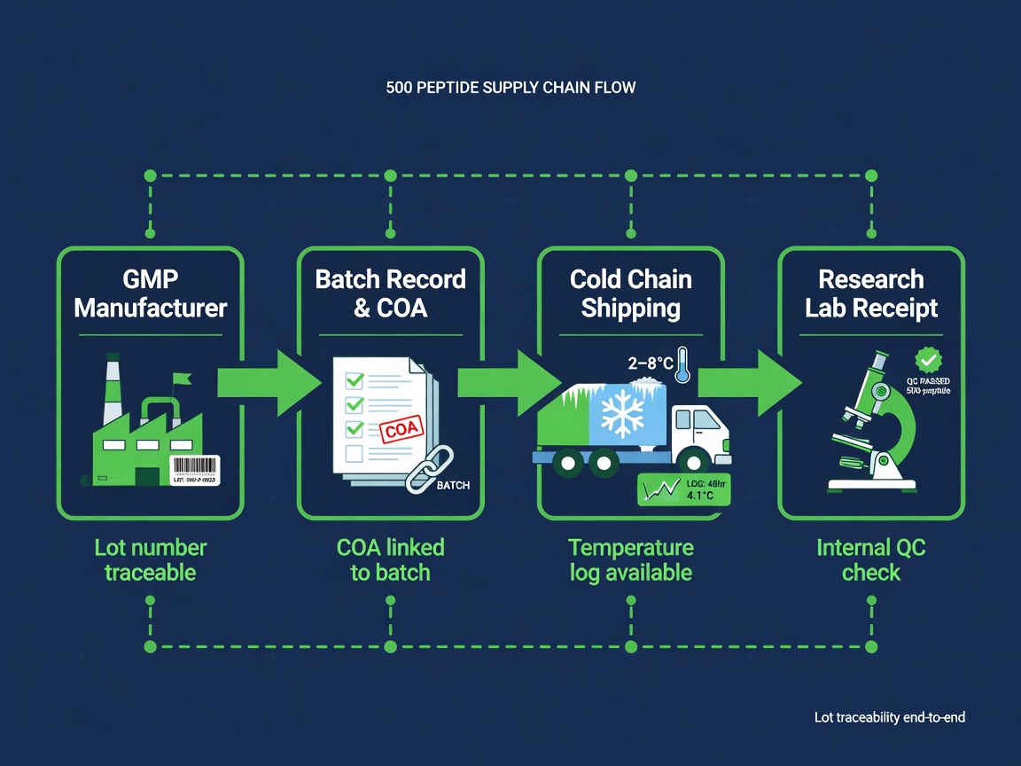 Supply chain traceability flow diagram for 500 peptide from manufacturer to research lab