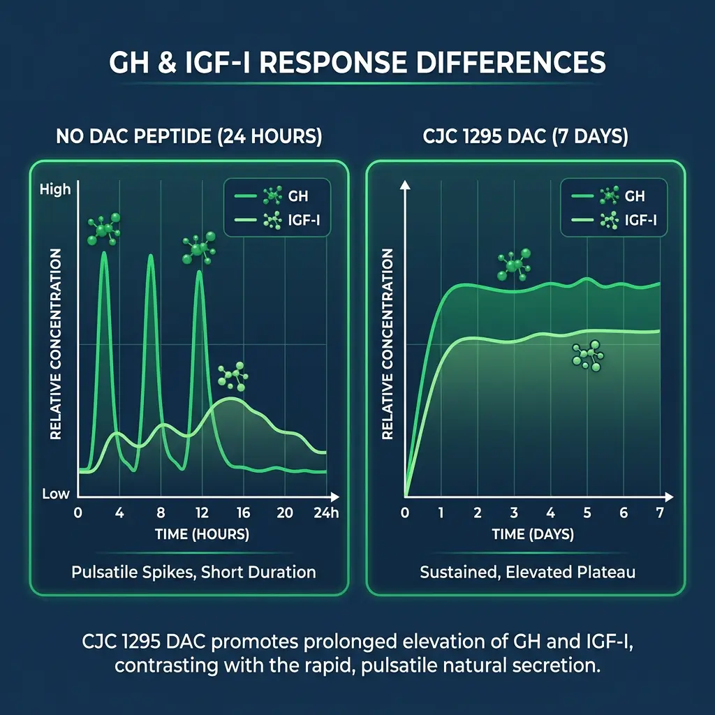 GH and IGF-I response curves comparing cjc 1295 dac and no dac research peptides