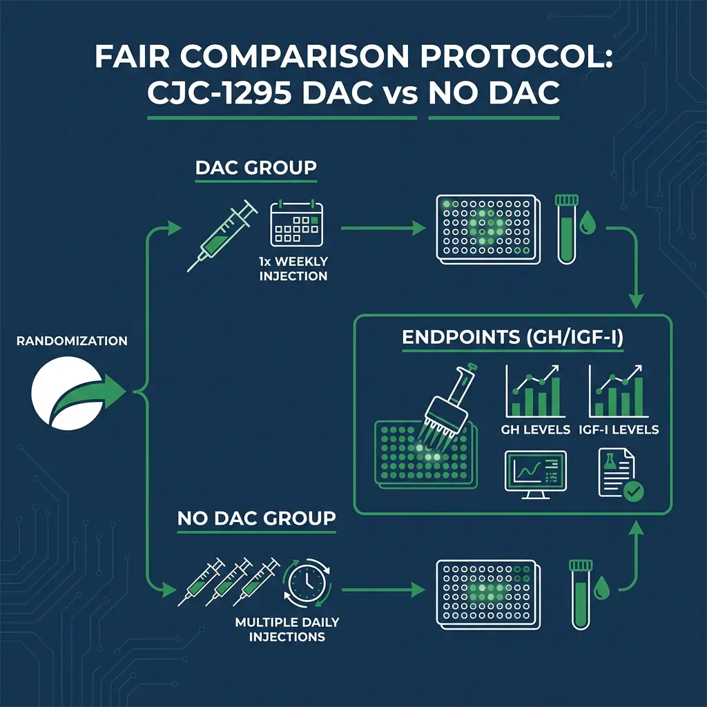 Fair study design diagram comparing cjc 1295 dac and no dac peptide administration schedules