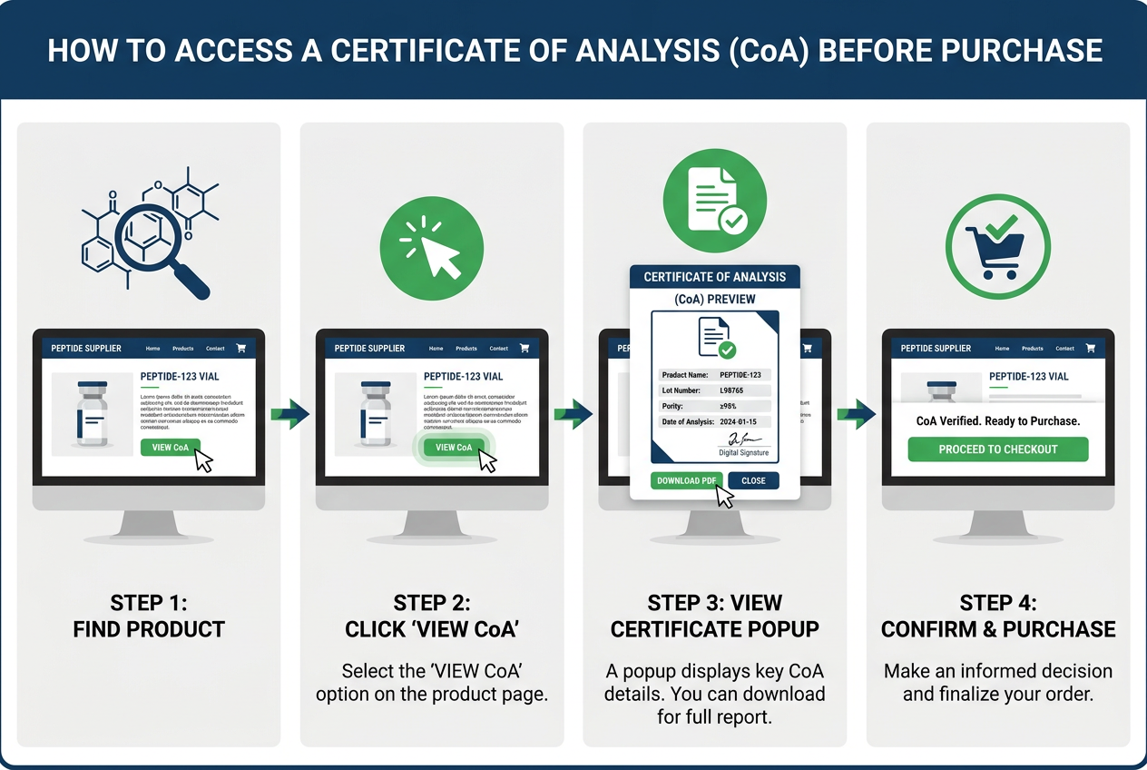 Step-by-step coa access process for peptide buyers on Countrywide Peptides website.
