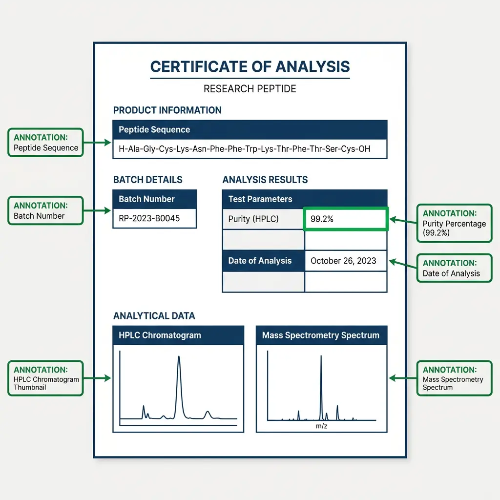 Annotated CoA document showing key fields researchers should review for peptide quality.