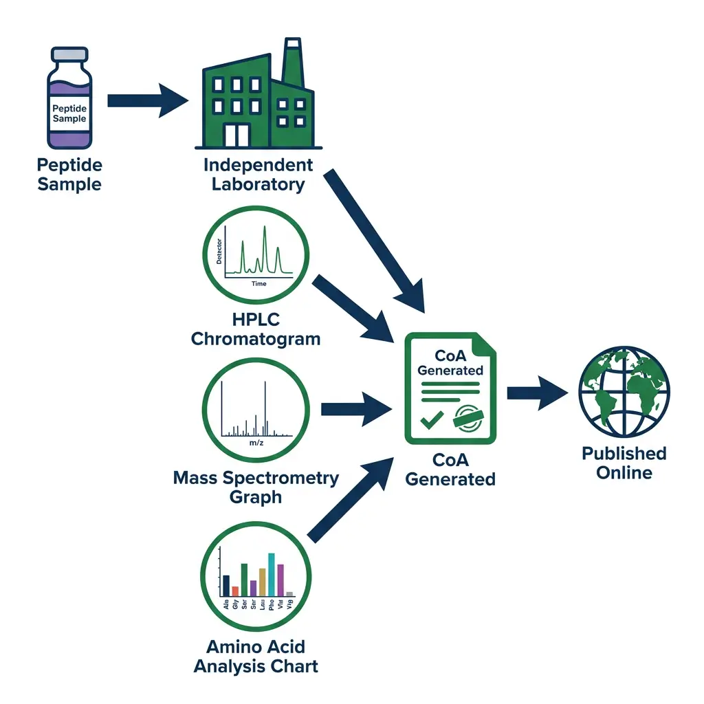 Flowchart showing third-party peptide testing leading to public CoA generation.