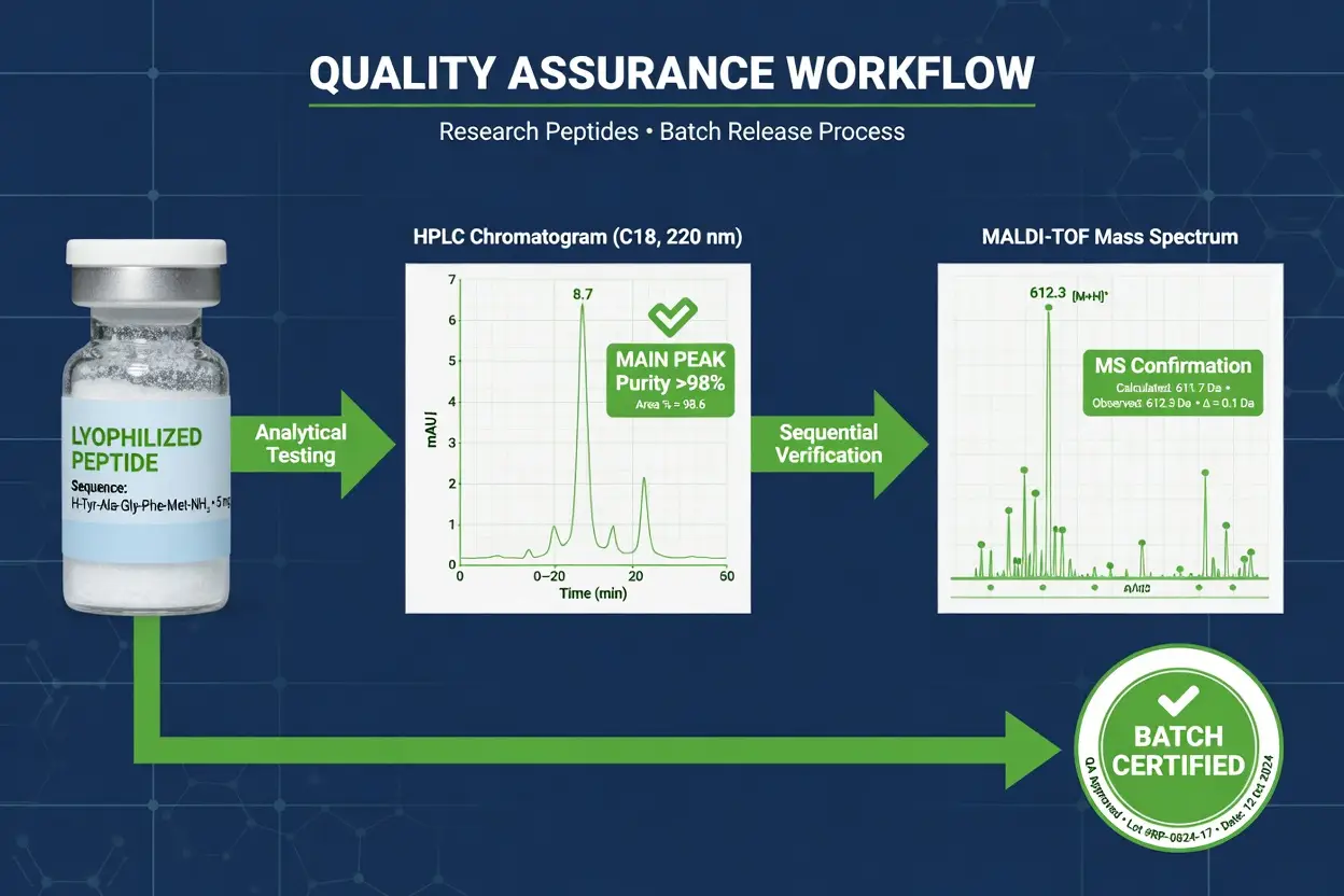 Infographic showing countrywide peptides quality assurance steps with HPLC and mass spectrometry confirmation