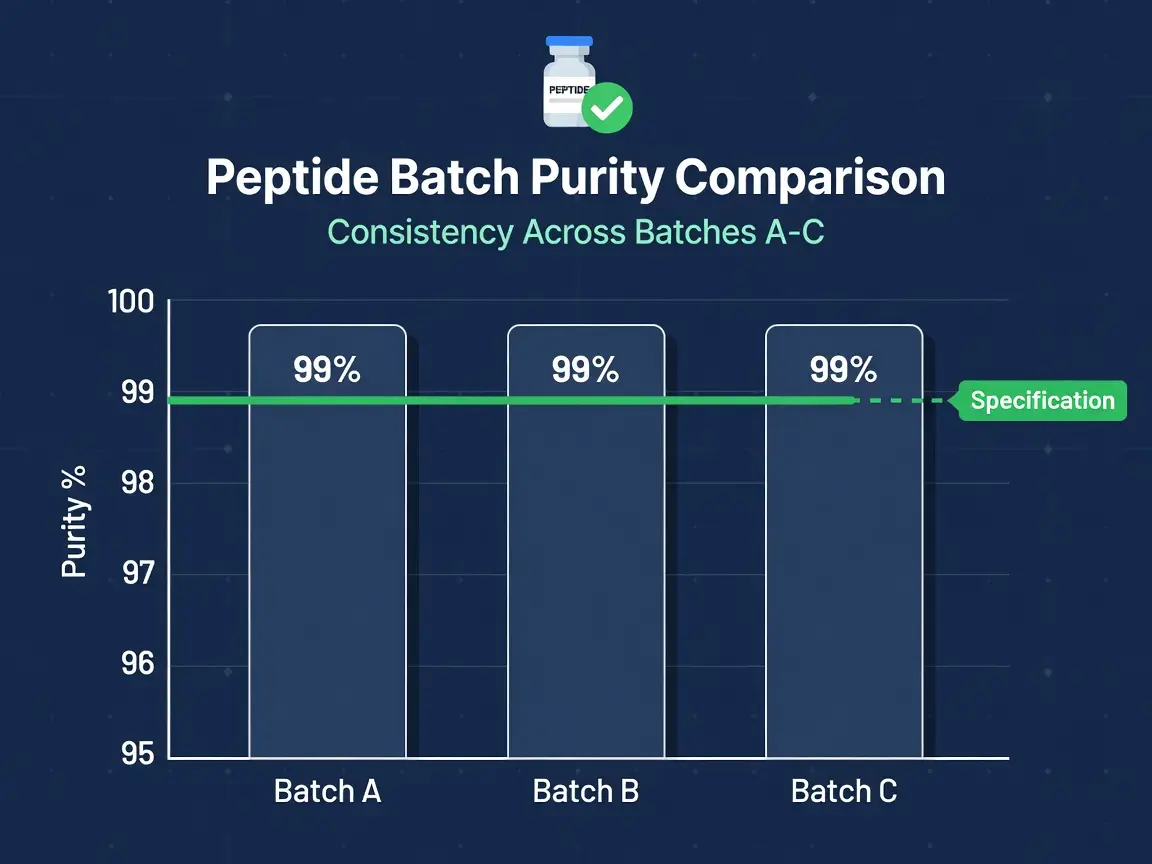 Bar chart comparing peptide batch purity consistency at 99 percent with green specification line