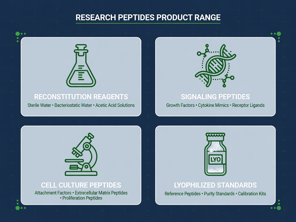 Grid infographic showing four research peptide product categories with lab icons