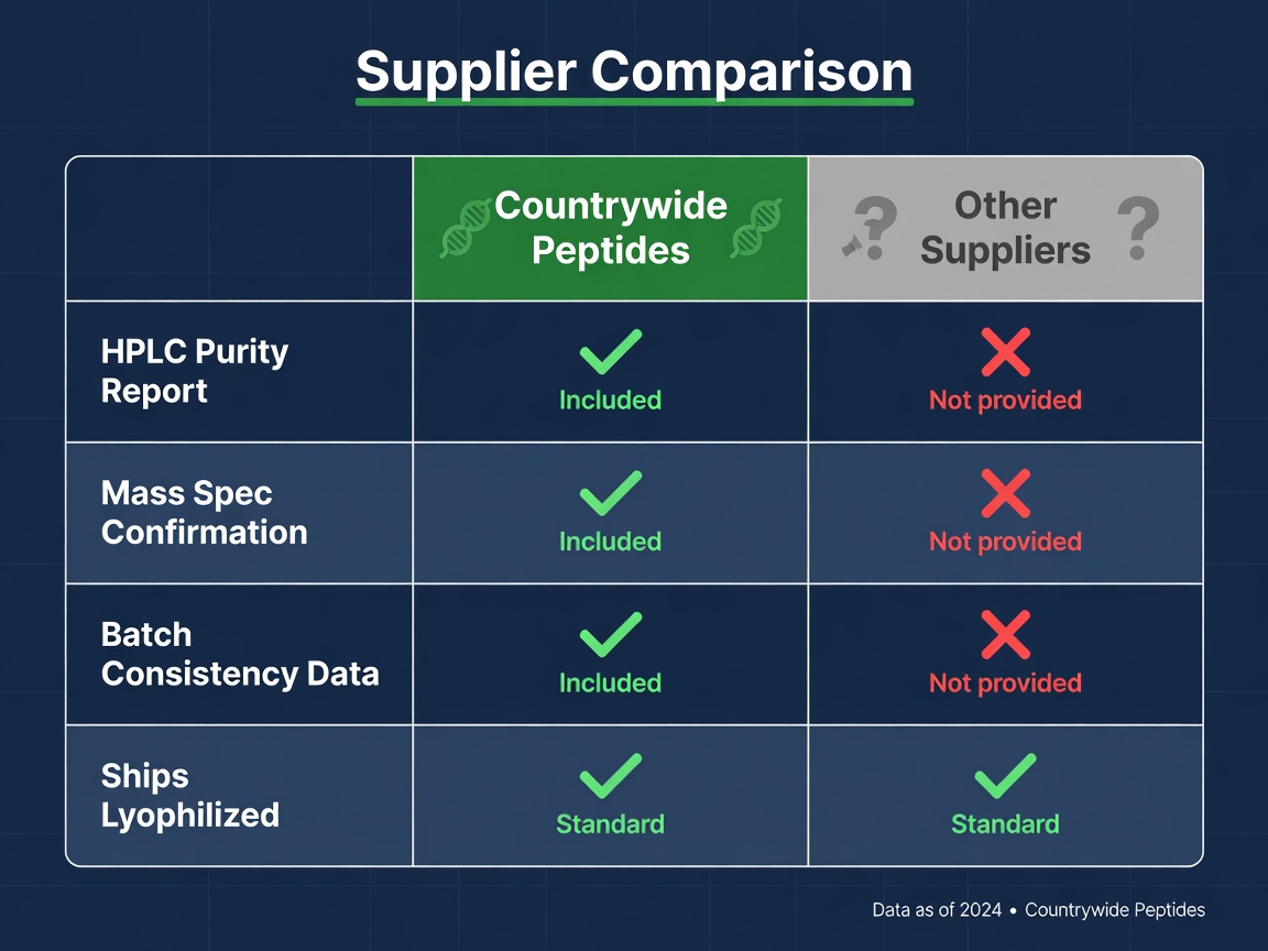 Comparison table showing countrywide peptides advantages with green checkmarks versus other suppliers