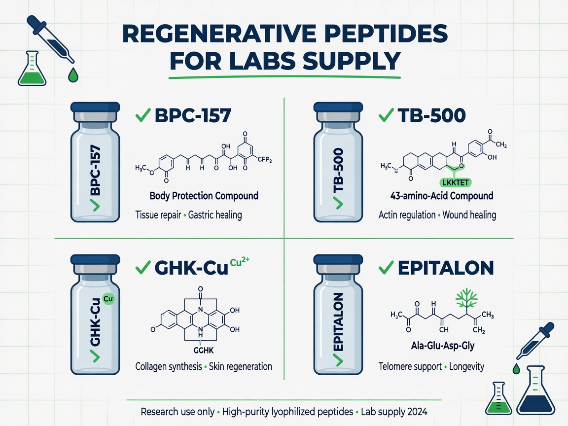 Infographic showing regenerative peptides for labs supplied by Countrywide Peptides, including BPC-157 and TB-500 vials and molecular diagrams.