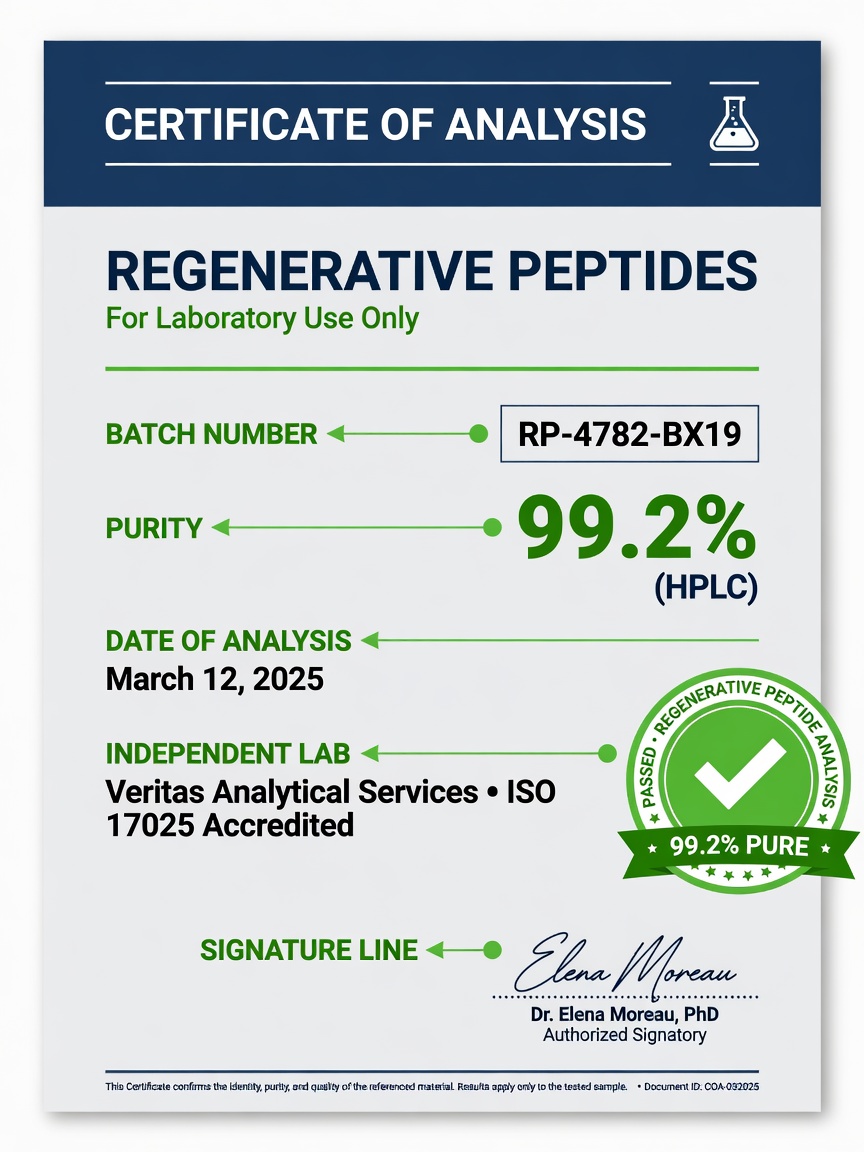Example certificate of analysis for regenerative peptides for labs with labeled purity and batch information.
