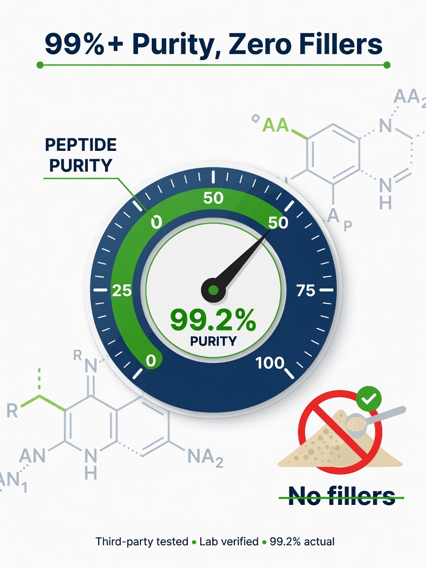 Infographic showing 99 percent plus purity and zero fillers for regenerative peptides for labs with purity gauge.