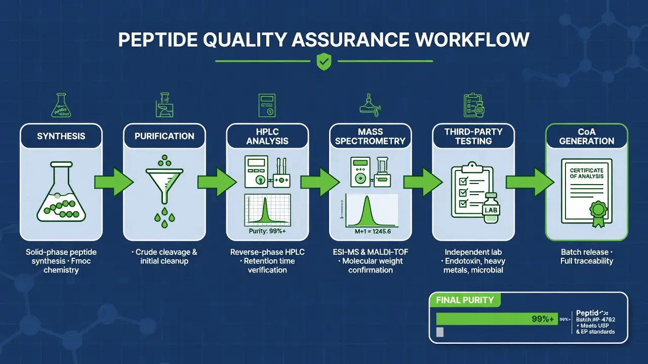 Infographic of countrywide peptides research peptide quality assurance workflow with purity testing steps