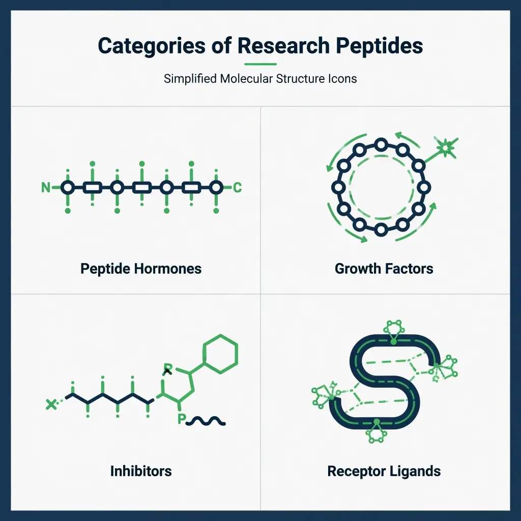 Grid diagram of research peptide product categories with molecular structure icons