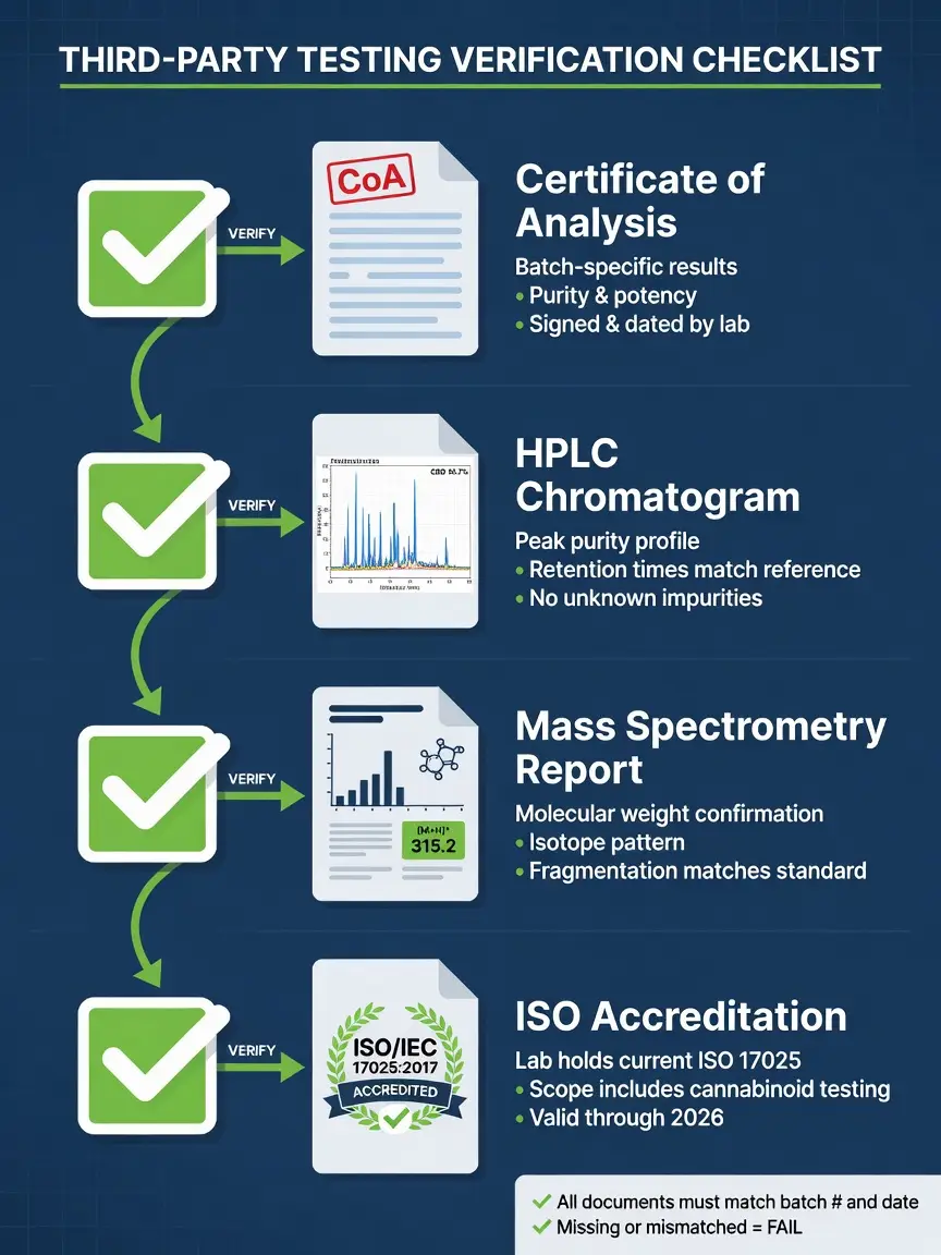 Checklist infographic for evaluating peptide testing documentation
