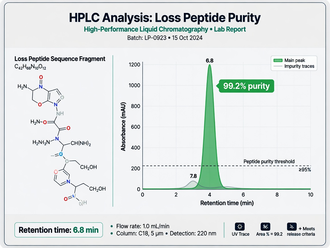 Infographic showing HPLC purity analysis for loss peptides for labs with 99%+ peak